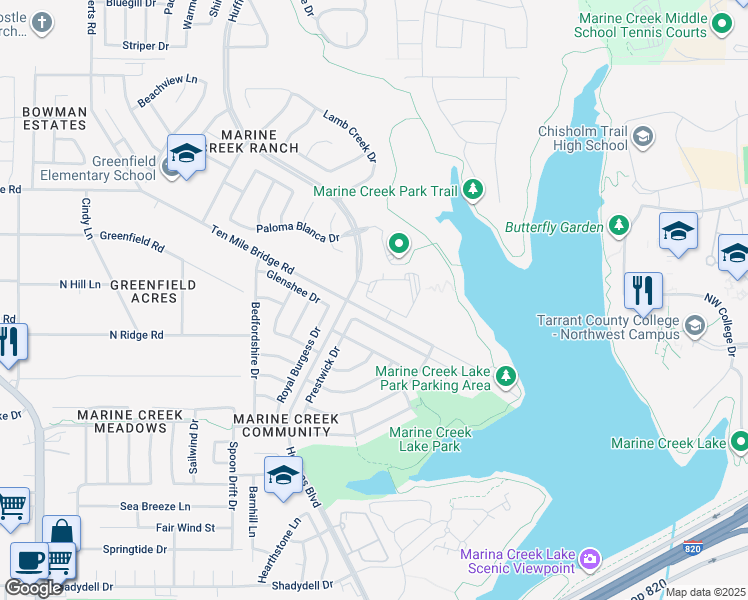 map of restaurants, bars, coffee shops, grocery stores, and more near 5420 New Castleton Lane in Fort Worth