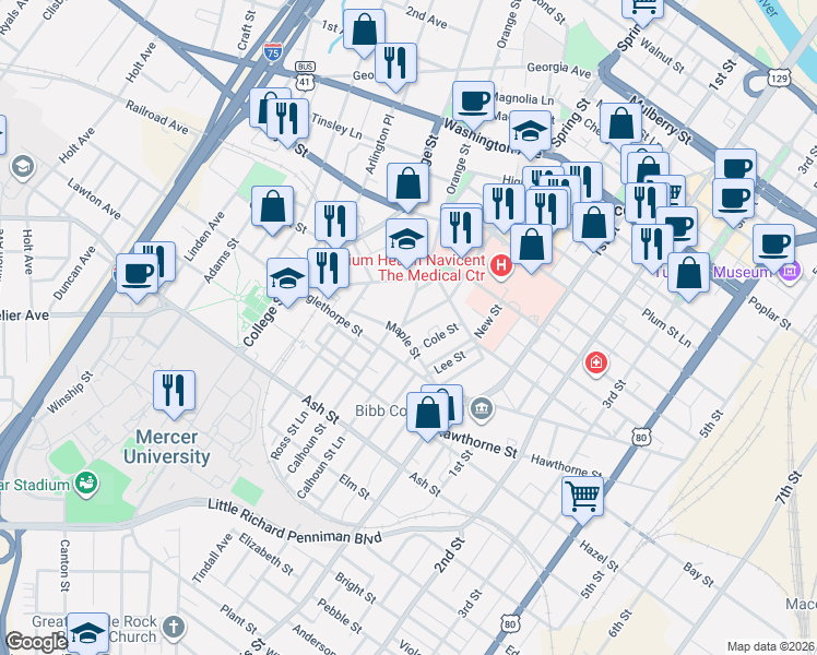 map of restaurants, bars, coffee shops, grocery stores, and more near 975 Maple Street in Macon