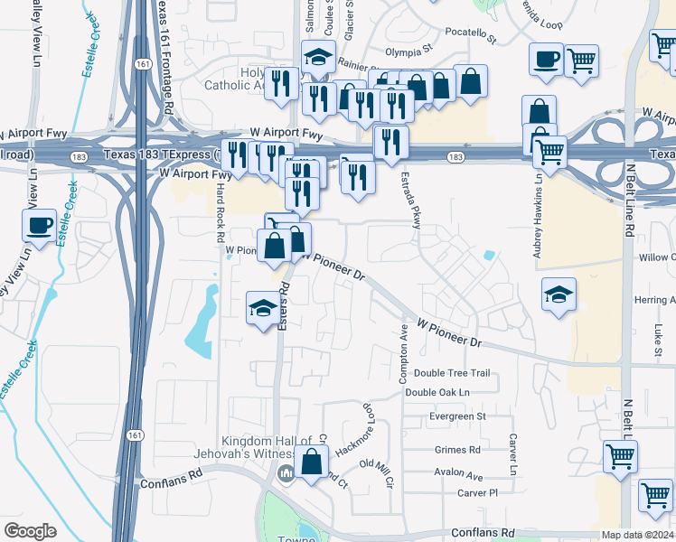 map of restaurants, bars, coffee shops, grocery stores, and more near 4188 West Pioneer Drive in Irving