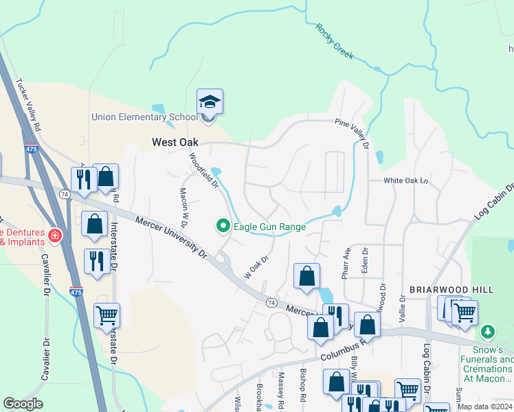 map of restaurants, bars, coffee shops, grocery stores, and more near 4072 West Oak Drive in Macon