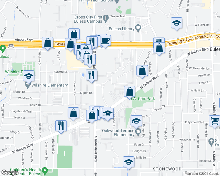 map of restaurants, bars, coffee shops, grocery stores, and more near 311 South Industrial Boulevard in Euless