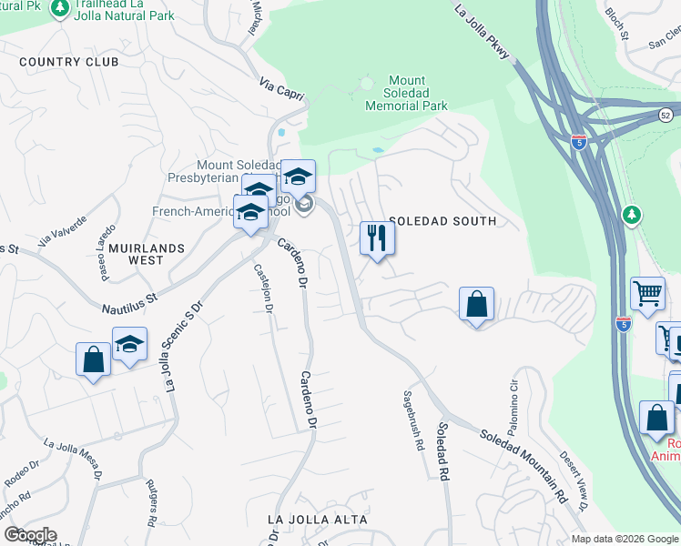 map of restaurants, bars, coffee shops, grocery stores, and more near 6359 Via Cabrera in San Diego