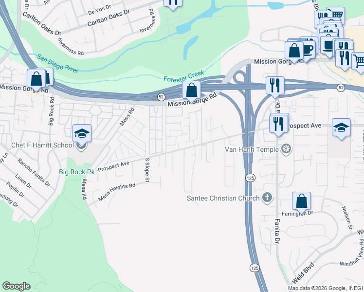 map of restaurants, bars, coffee shops, grocery stores, and more near 8628 Prospect Avenue in Santee