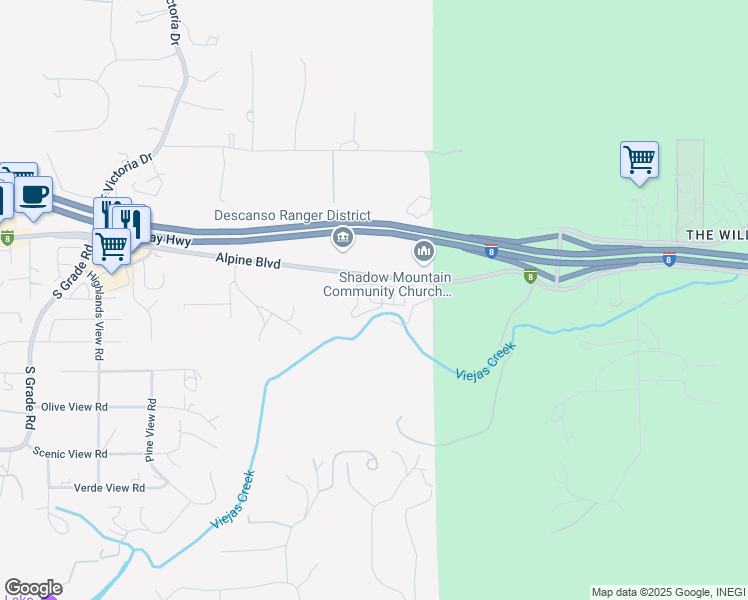 map of restaurants, bars, coffee shops, grocery stores, and more near 3505 Alpine Boulevard in Alpine