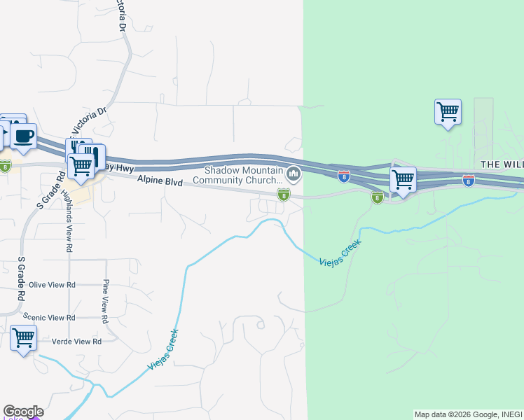 map of restaurants, bars, coffee shops, grocery stores, and more near 3505 Alpine Boulevard in Alpine