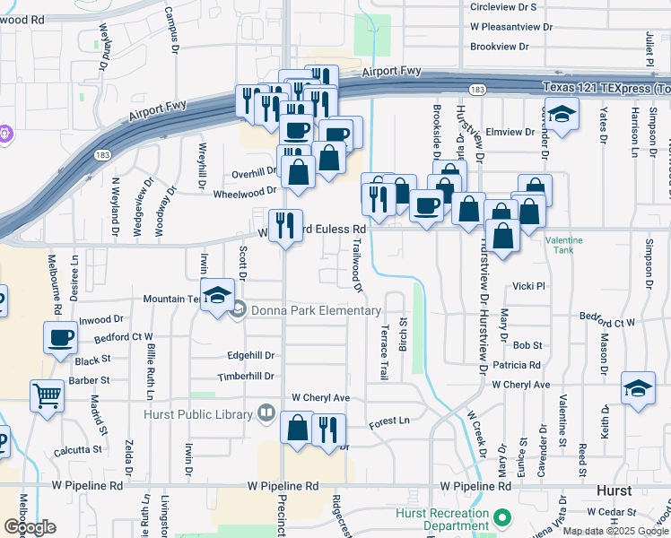 map of restaurants, bars, coffee shops, grocery stores, and more near Hunter Chase Apartment in Hurst