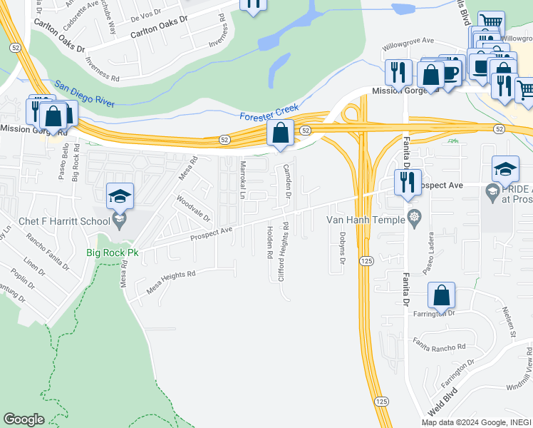 map of restaurants, bars, coffee shops, grocery stores, and more near 8628 Prospect Avenue in Santee