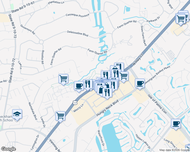 map of restaurants, bars, coffee shops, grocery stores, and more near 1854 Montclair Drive in Mount Pleasant