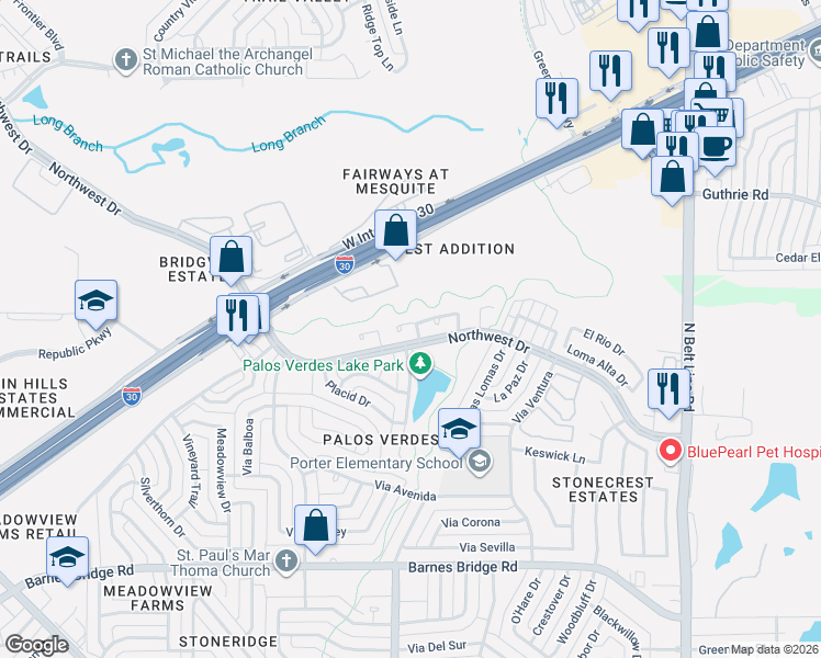 map of restaurants, bars, coffee shops, grocery stores, and more near 701 Via Del Mar in Mesquite