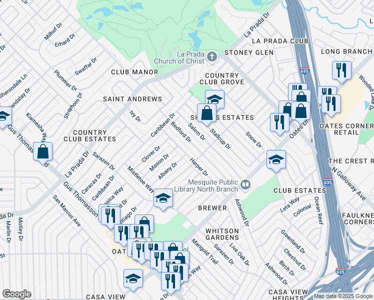 map of restaurants, bars, coffee shops, grocery stores, and more near 4813 Harper Drive in Mesquite