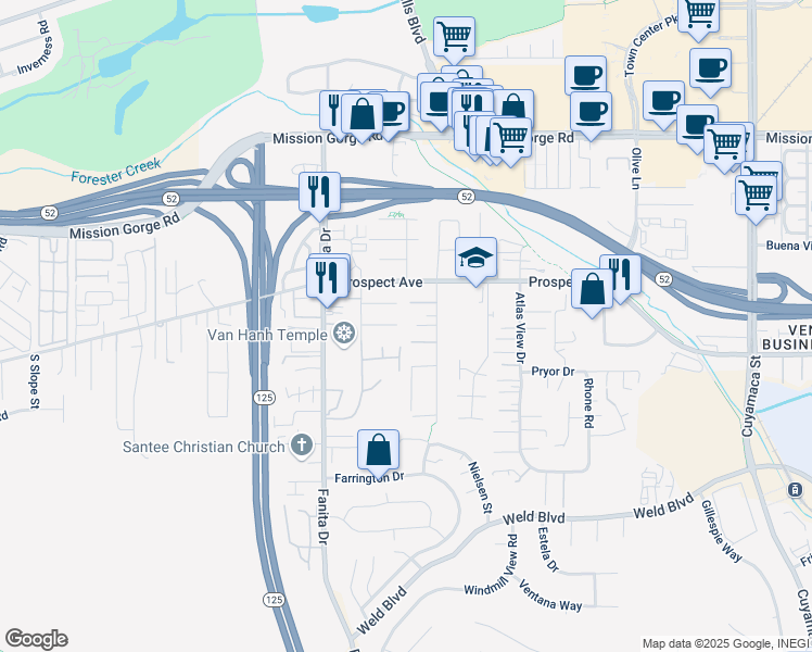map of restaurants, bars, coffee shops, grocery stores, and more near 9182 Tonya Lane in Santee