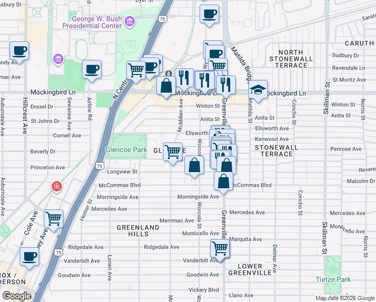 map of restaurants, bars, coffee shops, grocery stores, and more near 5532 Matalee Avenue in Dallas