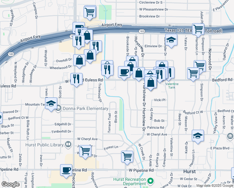 map of restaurants, bars, coffee shops, grocery stores, and more near 1236 Southridge Court in Hurst