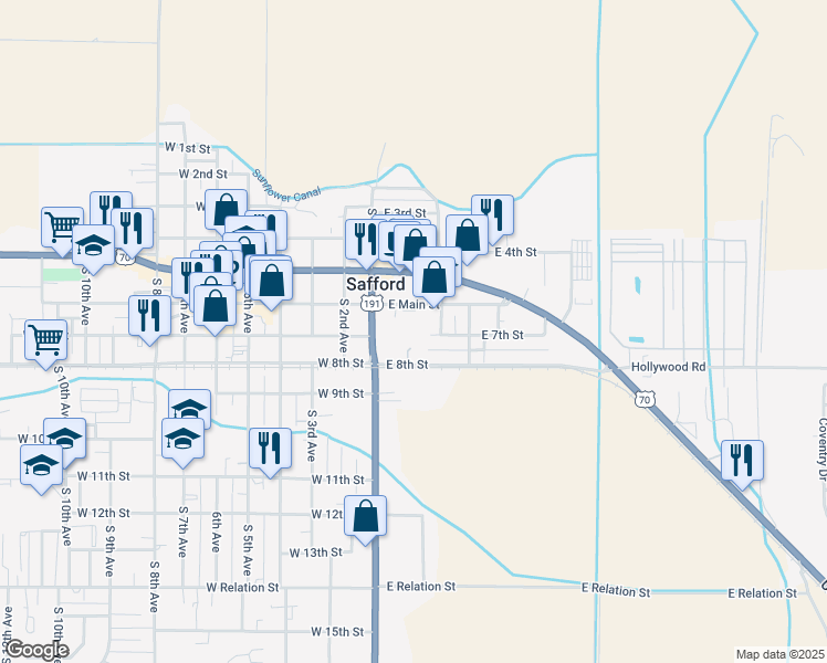 map of restaurants, bars, coffee shops, grocery stores, and more near 201 West 6th Street in Safford
