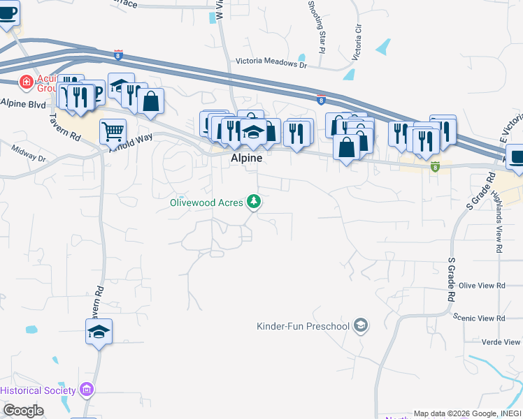 map of restaurants, bars, coffee shops, grocery stores, and more near 1517 Marshall Road in Alpine
