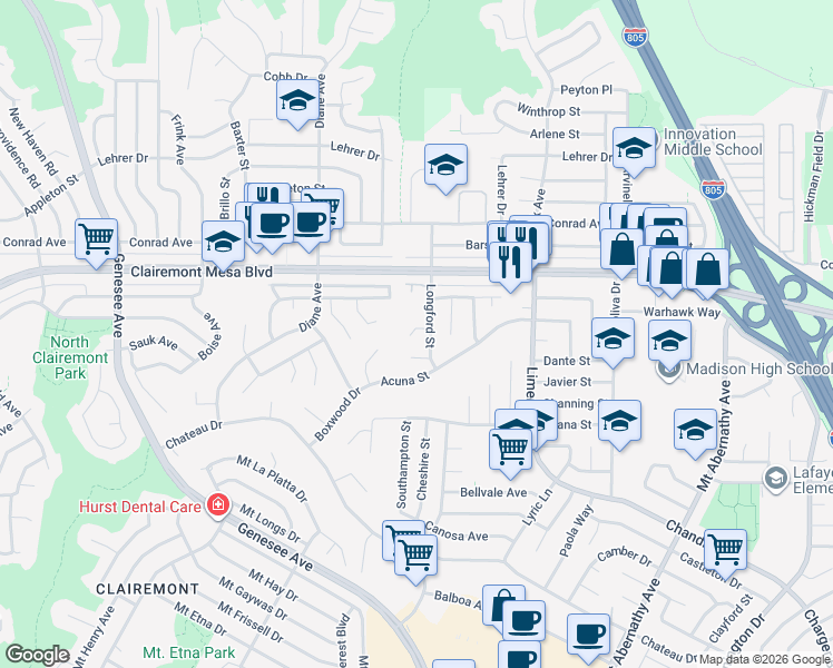 map of restaurants, bars, coffee shops, grocery stores, and more near 4985 Longford Place in San Diego