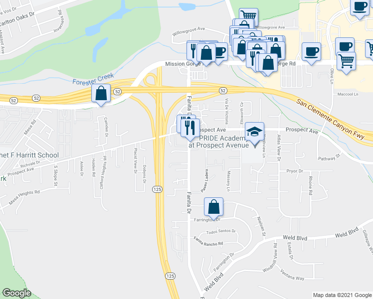map of restaurants, bars, coffee shops, grocery stores, and more near 8650 Fanita Drive in Santee