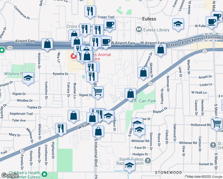 map of restaurants, bars, coffee shops, grocery stores, and more near 311 South Industrial Boulevard in Euless