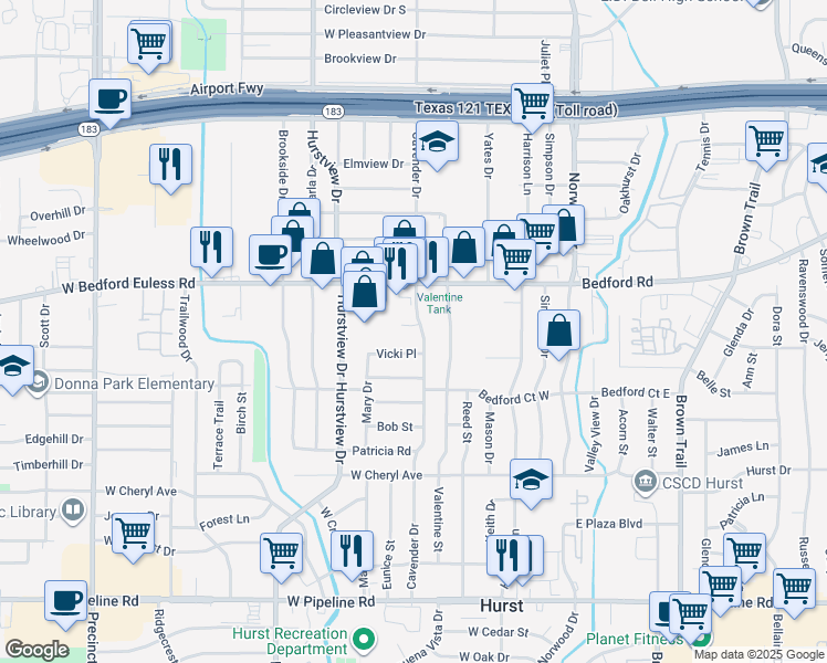 map of restaurants, bars, coffee shops, grocery stores, and more near 412 Vicki Place in Hurst
