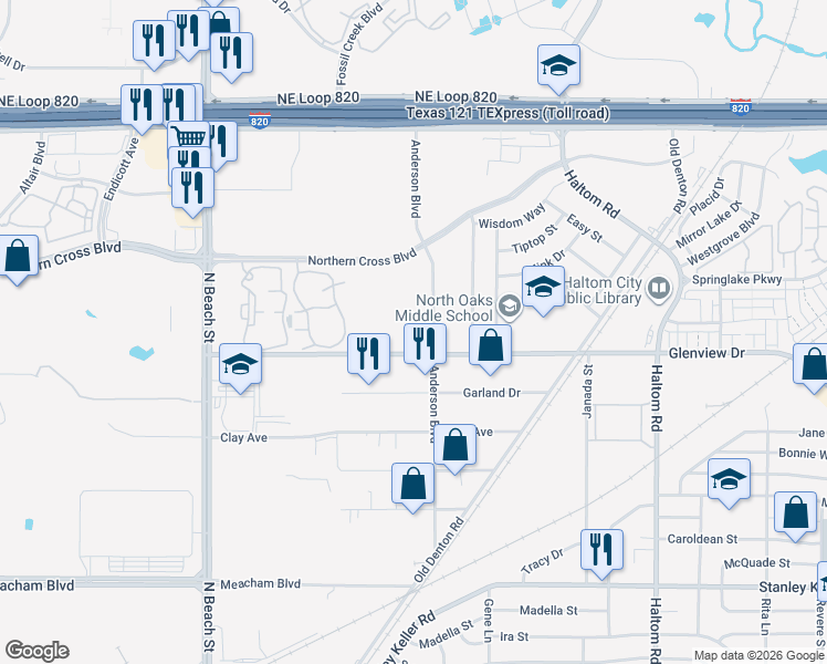 map of restaurants, bars, coffee shops, grocery stores, and more near 4900 Anderson Boulevard in Fort Worth