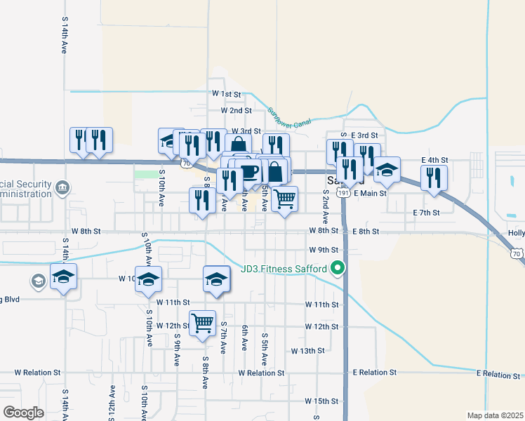 map of restaurants, bars, coffee shops, grocery stores, and more near 706 W 5th St in Safford