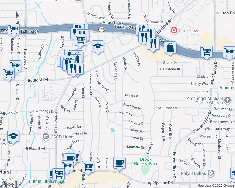map of restaurants, bars, coffee shops, grocery stores, and more near 1321 Wade Drive in Bedford