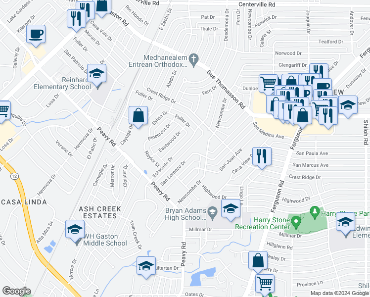 map of restaurants, bars, coffee shops, grocery stores, and more near 10162 Estacado Drive in Dallas