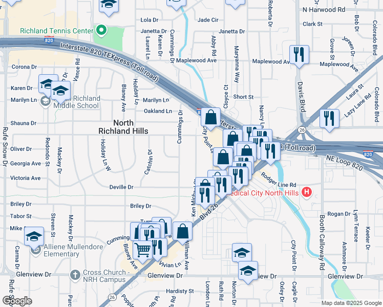 map of restaurants, bars, coffee shops, grocery stores, and more near 4332 Ken Michael Court in Fort Worth