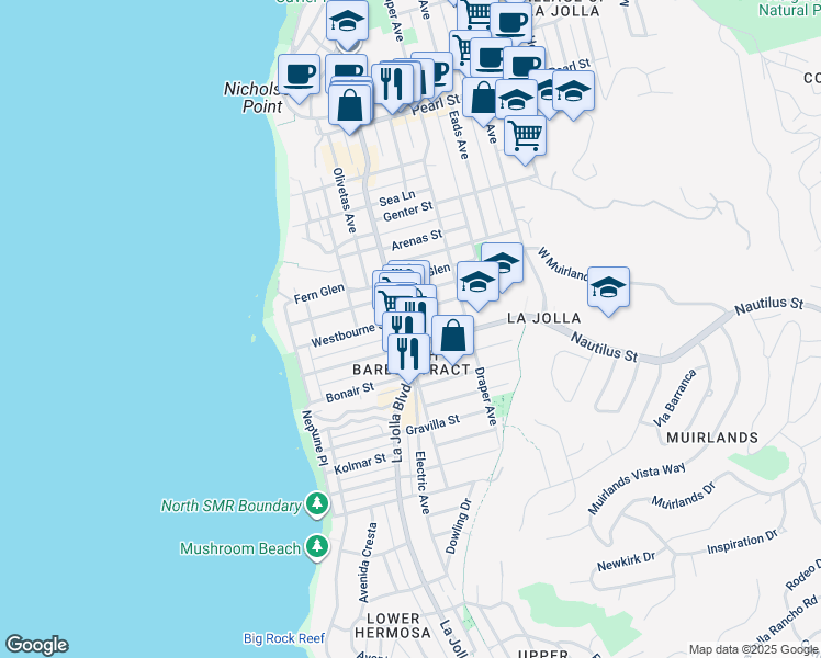 map of restaurants, bars, coffee shops, grocery stores, and more near in San Diego