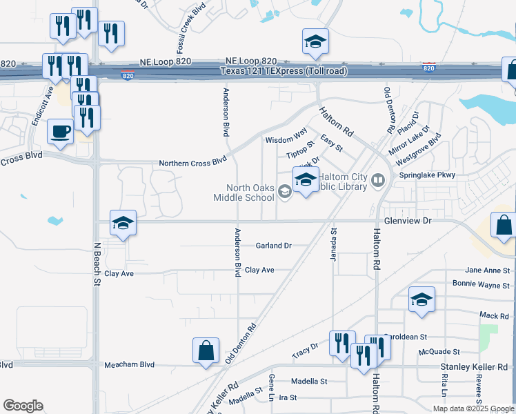 map of restaurants, bars, coffee shops, grocery stores, and more near 4805 Colonial Park Drive in Haltom City