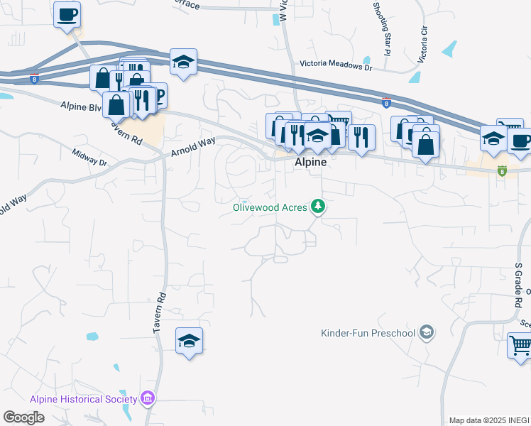 map of restaurants, bars, coffee shops, grocery stores, and more near 1518 Olivewood Lane in Alpine