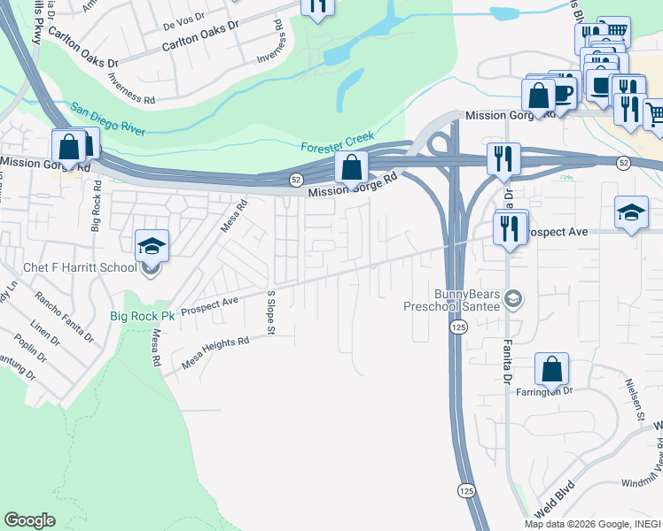 map of restaurants, bars, coffee shops, grocery stores, and more near 8626 Prospect Avenue in Santee
