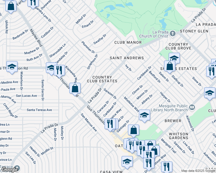 map of restaurants, bars, coffee shops, grocery stores, and more near 3457 Antilles Drive in Mesquite
