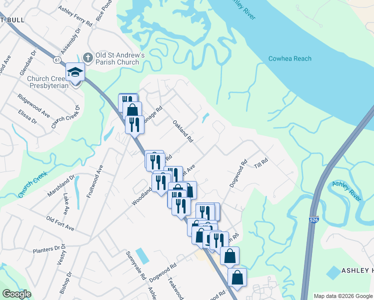 map of restaurants, bars, coffee shops, grocery stores, and more near 1740 Pierpont Avenue in Charleston
