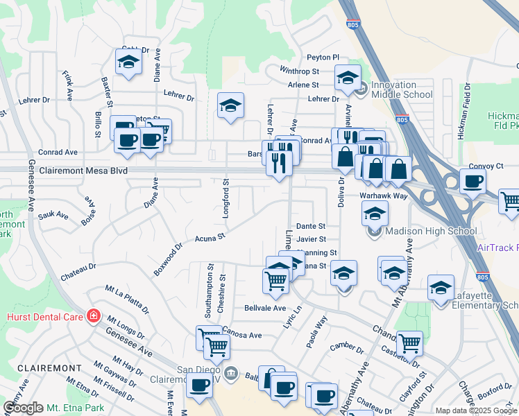 map of restaurants, bars, coffee shops, grocery stores, and more near 4790 Andalusia Avenue in San Diego