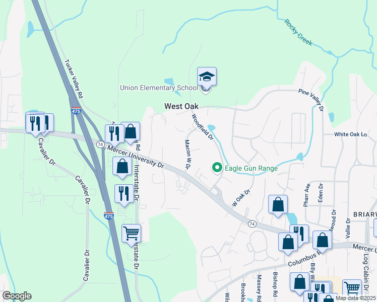 map of restaurants, bars, coffee shops, grocery stores, and more near Macon West Drive in Macon
