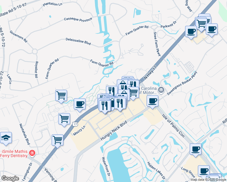map of restaurants, bars, coffee shops, grocery stores, and more near 1866 Montclair Drive in Mount Pleasant