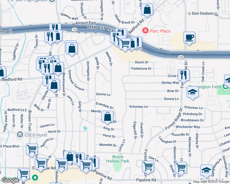 map of restaurants, bars, coffee shops, grocery stores, and more near 1320 Martha Drive in Bedford