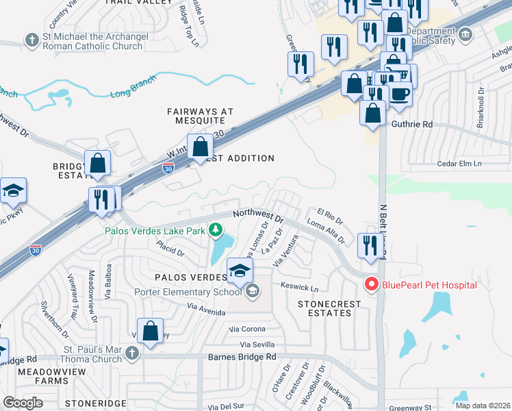 map of restaurants, bars, coffee shops, grocery stores, and more near 600 Via La Paloma in Mesquite