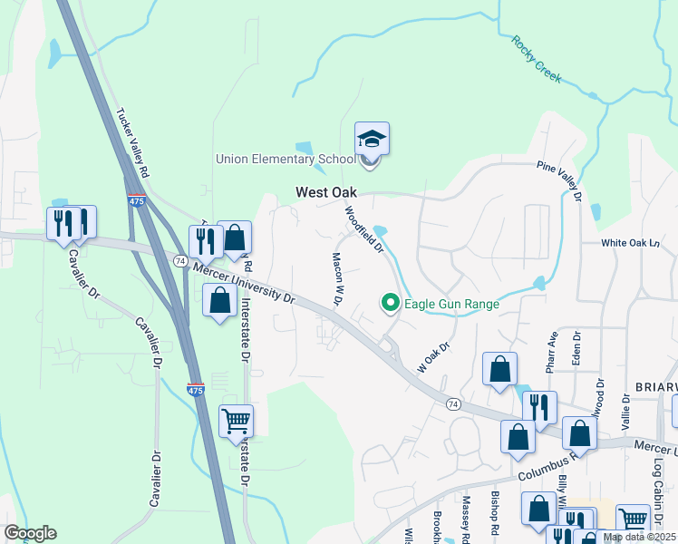 map of restaurants, bars, coffee shops, grocery stores, and more near Macon West Drive in Macon