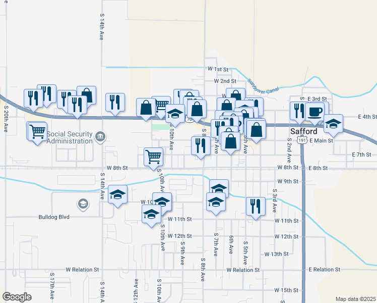map of restaurants, bars, coffee shops, grocery stores, and more near 711 South 9th Avenue in Safford