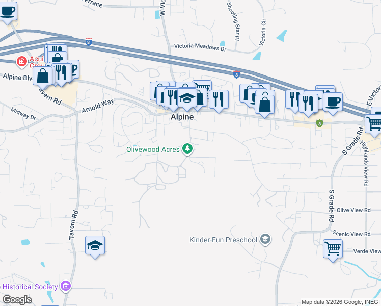map of restaurants, bars, coffee shops, grocery stores, and more near 1517 Marshall Road in Alpine