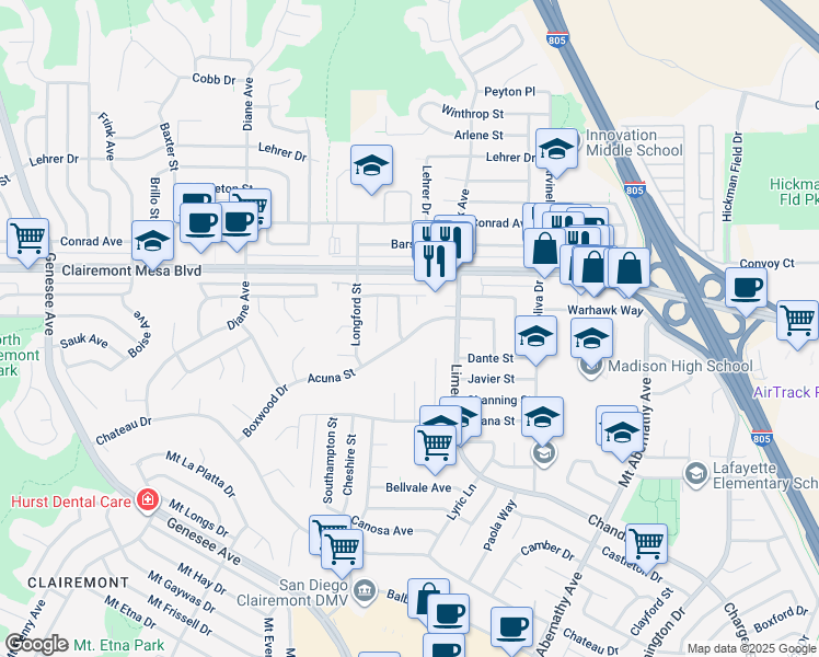 map of restaurants, bars, coffee shops, grocery stores, and more near 4790 Andalusia Avenue in San Diego