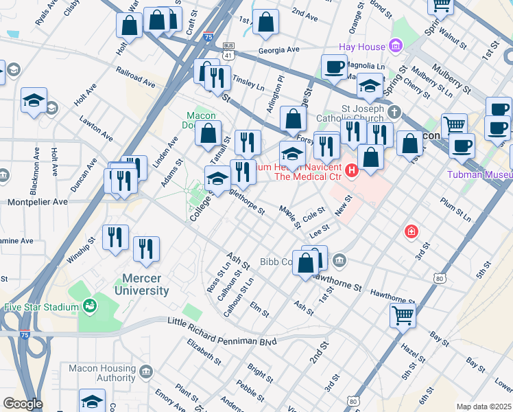 map of restaurants, bars, coffee shops, grocery stores, and more near 1154 Ross Street in Macon