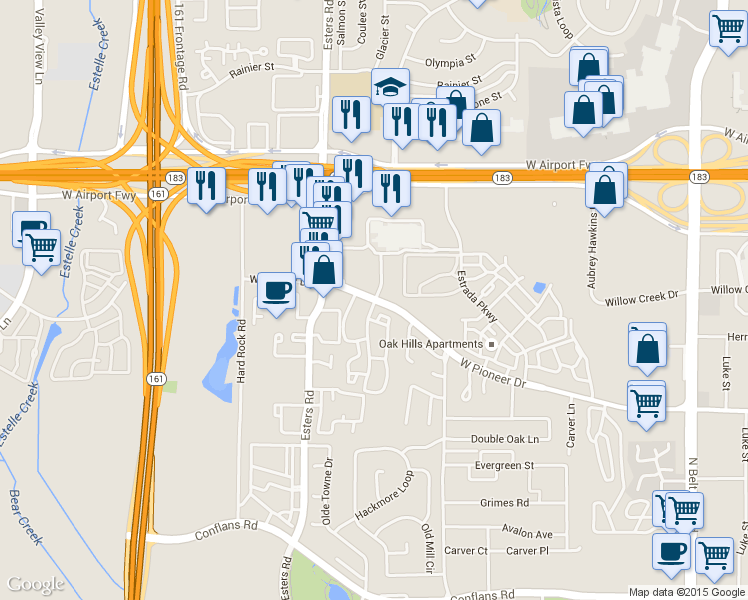 map of restaurants, bars, coffee shops, grocery stores, and more near in Irving