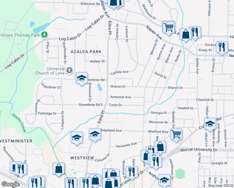 map of restaurants, bars, coffee shops, grocery stores, and more near 3298 Arnwood Avenue in Macon
