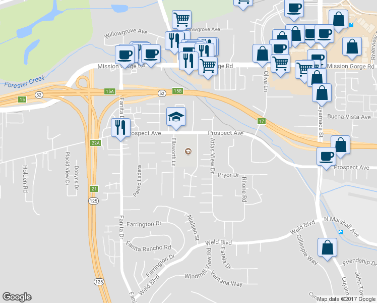 map of restaurants, bars, coffee shops, grocery stores, and more near 9303 Prospect Avenue in Santee