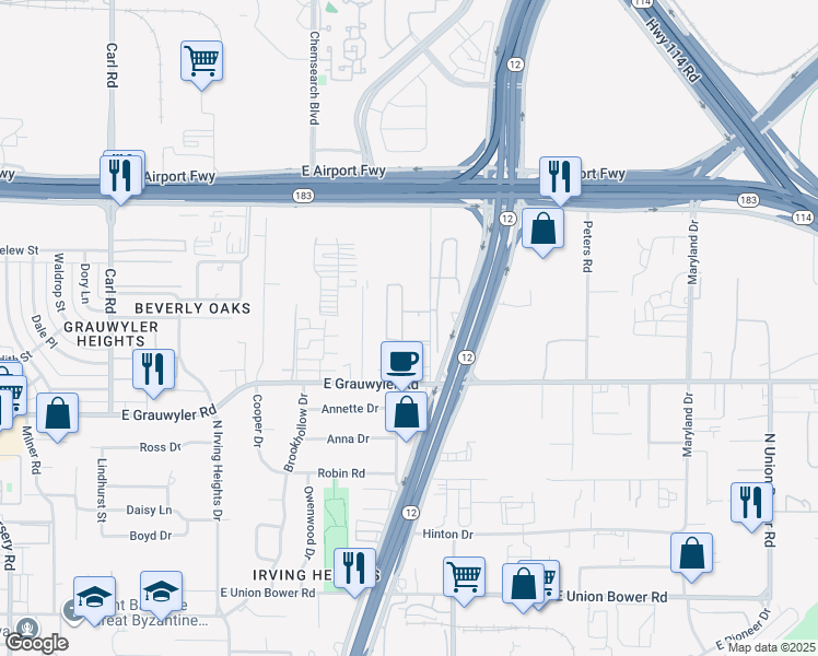 map of restaurants, bars, coffee shops, grocery stores, and more near 1685 Tucasa Drive in Irving