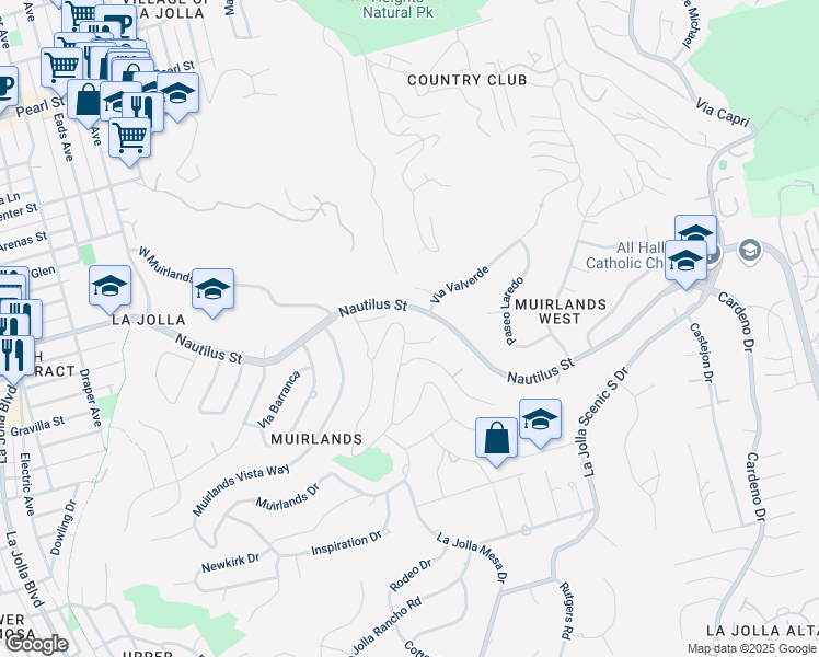 map of restaurants, bars, coffee shops, grocery stores, and more near 6617 Muirlands Drive in San Diego