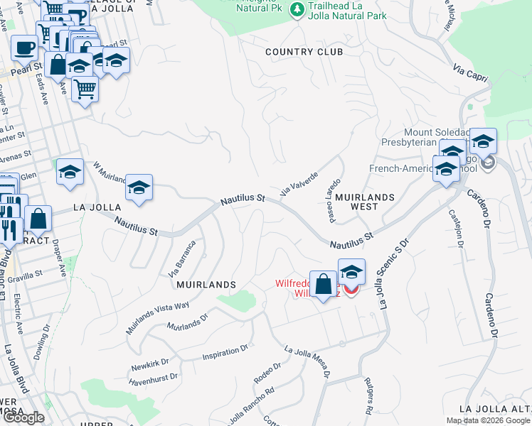 map of restaurants, bars, coffee shops, grocery stores, and more near 6617 Muirlands Drive in San Diego